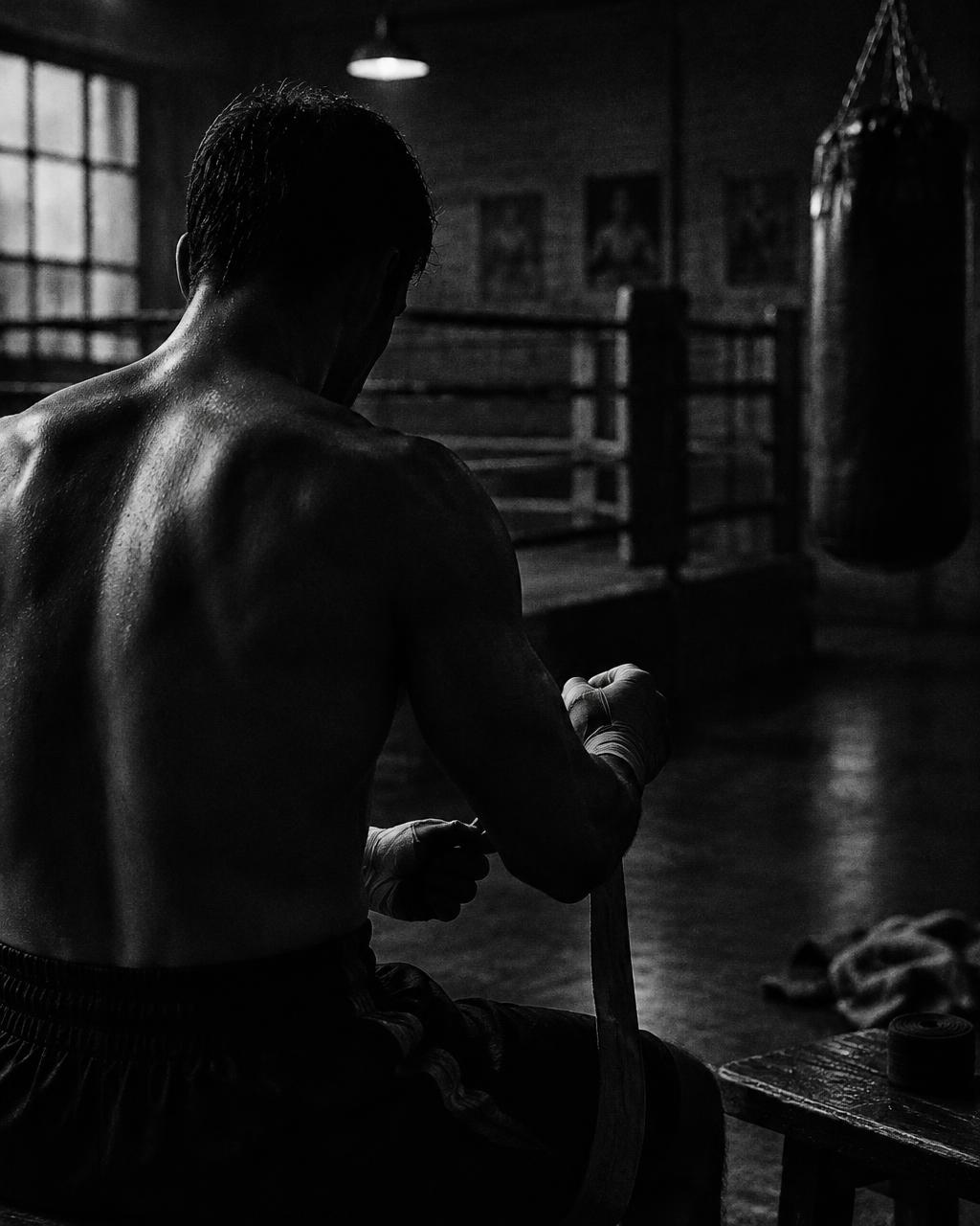 A boxer wrapping his hands before training